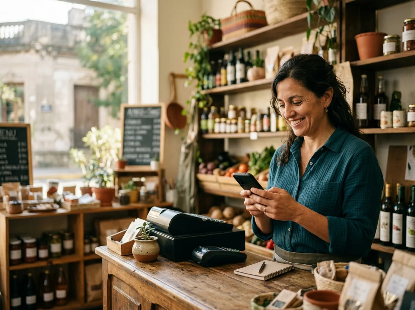 Automatización de WhatsApp para PyMEs y emprendedores en Argentina: dueña de un comercio local leyendo las consultas de clientes en su celular