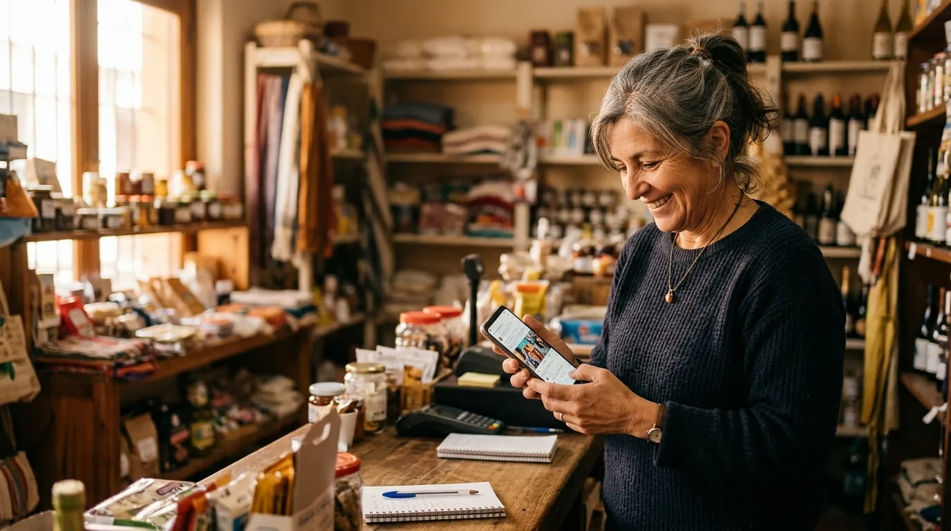 Estrategia de contenido para PyMEs y emprendedores: dueña de un negocio local revisando sus redes sociales en la tienda