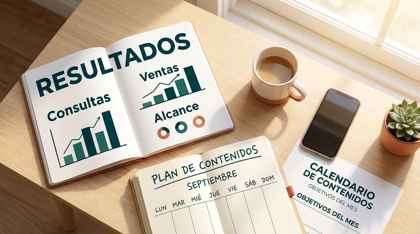 Estrategia de contenido para PyMEs y emprendedores: plan de contenidos de septiembre, calendario mensual y panel de resultados con consultas, ventas y alcance